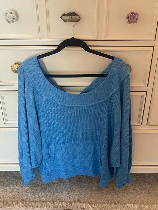 Free People Sky Blue Off-Shoulder Waffle Knit Top - Picture 1 of 5